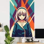 ミニマルなレトロなアニメの女の子抽象芸術幾何学的 ポスター (ホームオフィス)