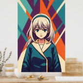 ミニマルなレトロなアニメの女の子抽象芸術幾何学的 ポスター (キッチン)