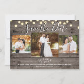 ミニマルなログハウスとライトの写真でお知らせする結婚式の節約日 招待状 (正面)