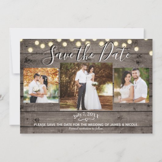 ミニマルなログハウスとライトの写真でお知らせする結婚式の節約日 招待状 (正面)