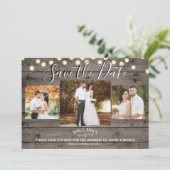 ミニマルなログハウスとライトの写真でお知らせする結婚式の節約日 招待状 (スタンド正面)