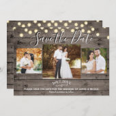 ミニマルなログハウスとライトの写真でお知らせする結婚式の節約日 招待状 (正面/裏面)