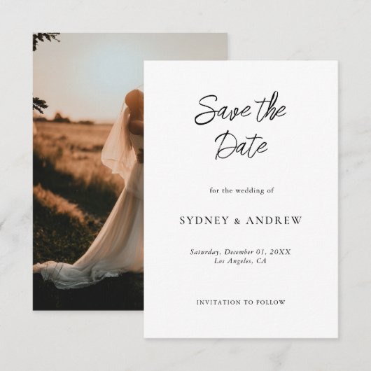 ミニマルなロマンチックなシックなブラック&ホワイト写真 セーブザデート (正面/裏面)