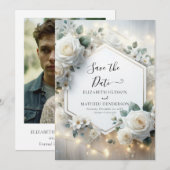 ミニマルなロマンチックな白結婚バラ セーブザデート (正面/裏面)