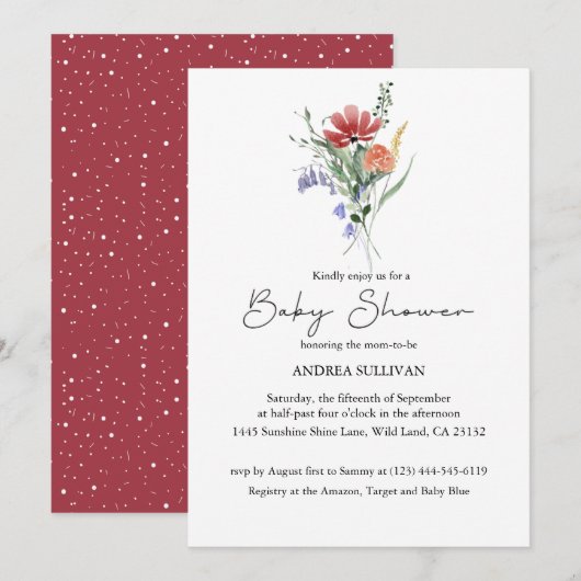 ミニマルなワイルドフラワーダークピンク赤ちゃんシャワー 招待状 (正面/裏面)