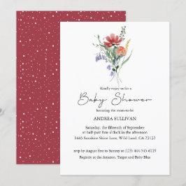 ミニマルなワイルドフラワーダークピンク赤ちゃんシャワー 招待状