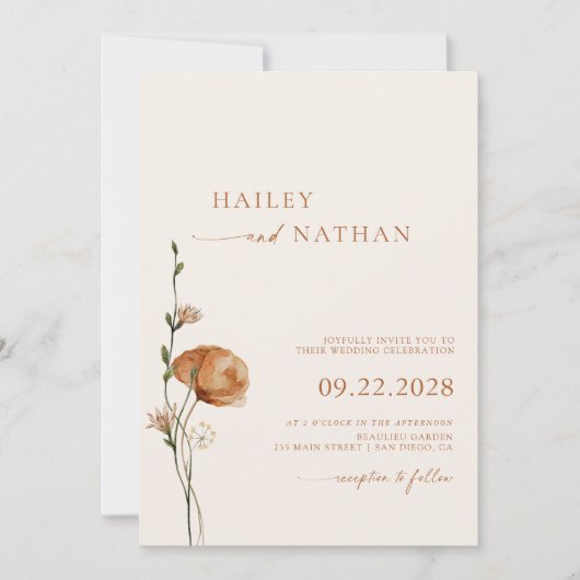 ミニマルなワイルドフラワー写真燃えたオレンジ結婚色の 招待状 (正面)
