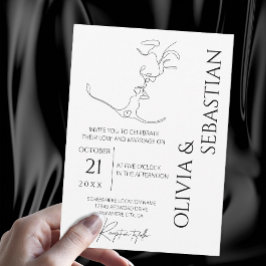 ミニマルなワンラインアートのキスするカップル ウェディング 招待状