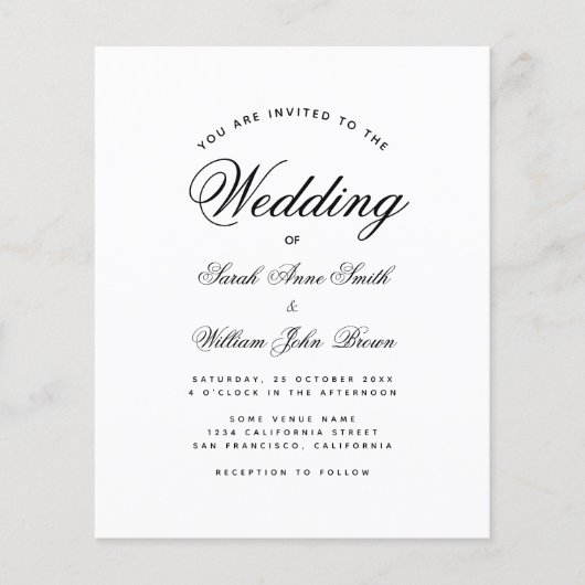 ミニマルな予算で済むブラック＆ホワイトの結婚式招待状 (正面)