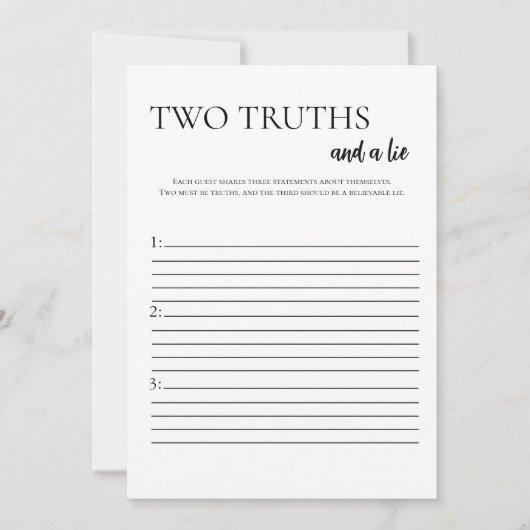 ミニマルな二つの真実と嘘のブライダルシャワーカード 招待状 (正面)