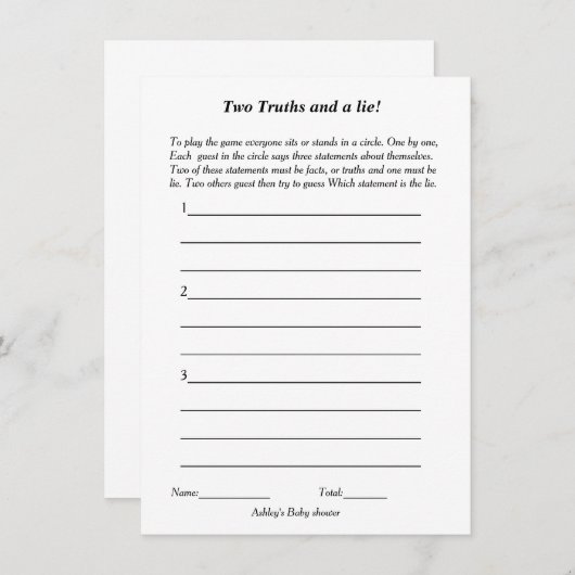 ミニマルな二つの真実と嘘の赤ちゃんシャワーゲーム 招待状 (正面/裏面)