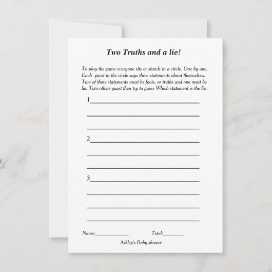 ミニマルな二つの真実と嘘の赤ちゃんシャワーゲーム 招待状 (正面)