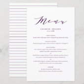 ミニマルな優美なスクリプトパープル結婚のメニューカード (正面/裏面)