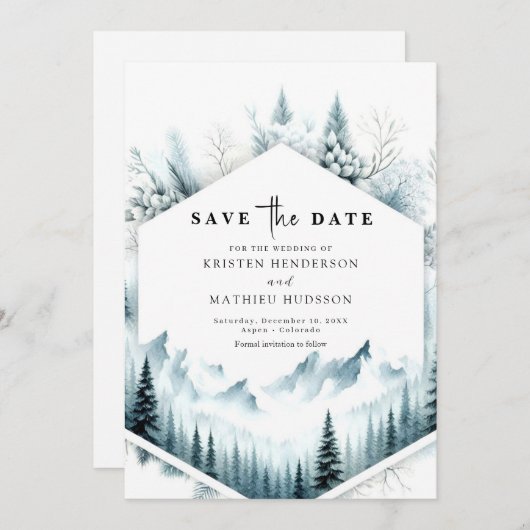 ミニマルな写真なしの山のウェディング セーブザデート (正面/裏面)