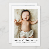 ミニマルな写真付き 出産報告 & 新生児 誕生のお礼 案内状 (正面/裏面)