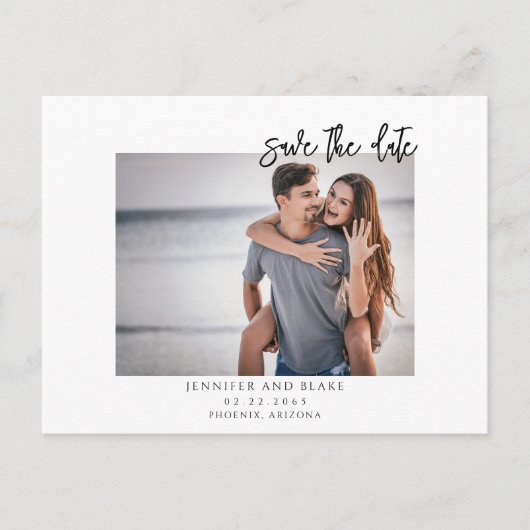ミニマルな写真付き Save the Date ポストカード (正面)