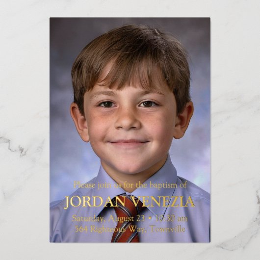 ミニマルな写真 洗礼 箔招待状 (正面)