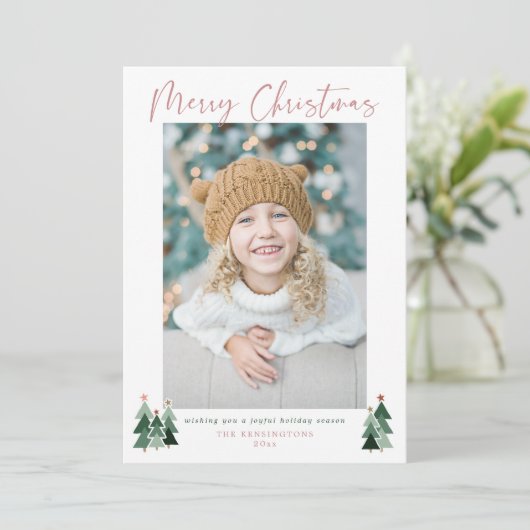 ミニマルな可愛いピンクの木クリスマスフォト シーズンカード (スタンド正面)