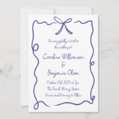 ミニマルな弓のボーダー　ブルー　ホワイト　手書きの結婚式 招待状 (正面)