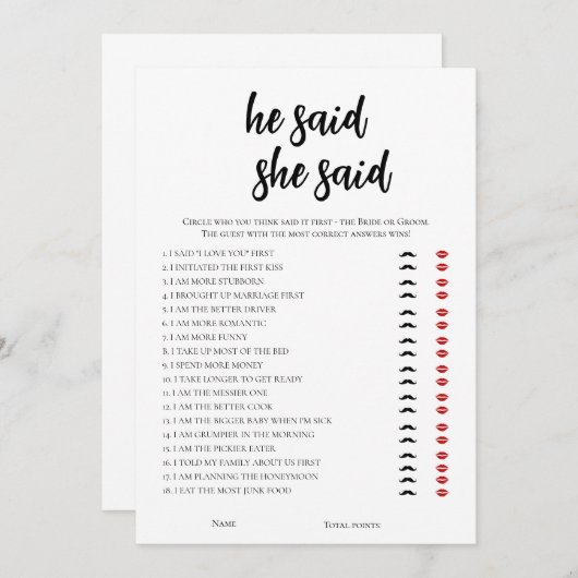 ミニマルな彼は、彼女はブライダルシャワーゲームと言った 招待状 (正面/裏面)