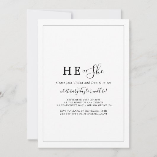ミニマルな彼または彼女のジェンダーを明らかにするパーティー 招待状 (正面)