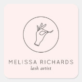 ミニマルな手とラッシュロゴのメイクアップアーティストピンク スクエアシール (正面)