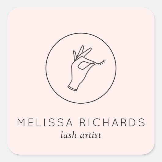 ミニマルな手とラッシュロゴのメイクアップアーティストピンク スクエアシール (正面)