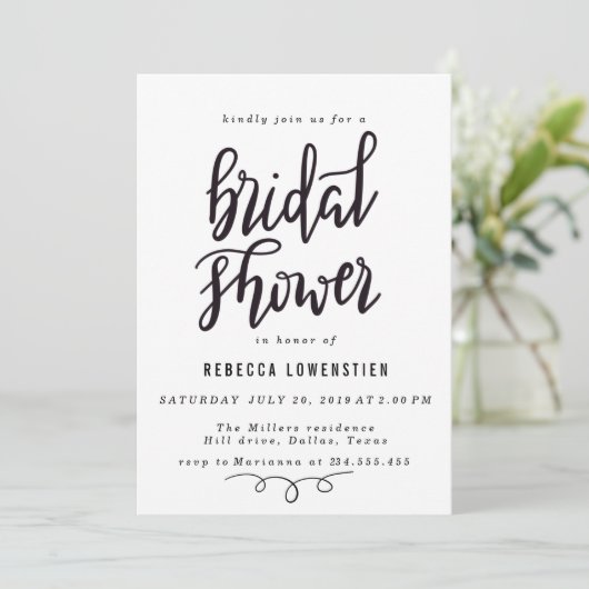 ミニマルな手書きのエレガントなブライダルシャワーの原稿 招待状 (スタンド正面)