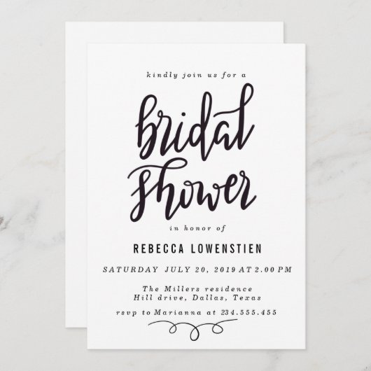 ミニマルな手書きのエレガントなブライダルシャワーの原稿 招待状 (正面/裏面)