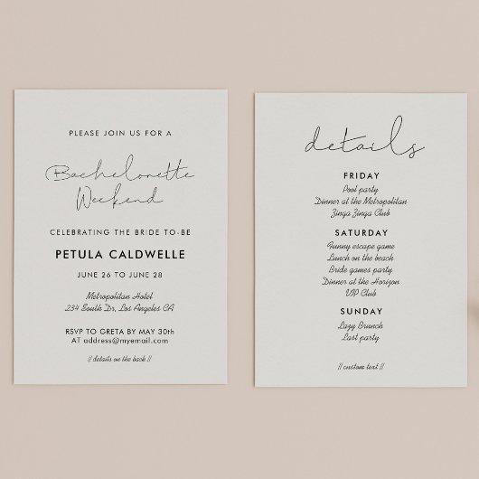 ミニマルな手書きのバチェロレッテウィークエンド 招待状