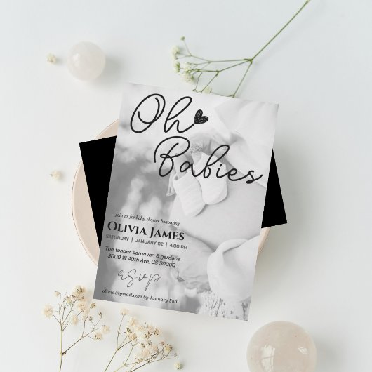 ミニマルな手書きフォトツインズベビーシャワー 招待状