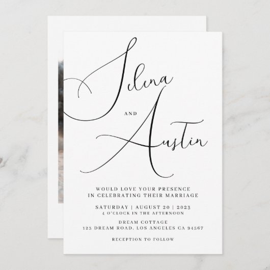 ミニマルな手書き文字と結婚写真 招待状 (正面/裏面)