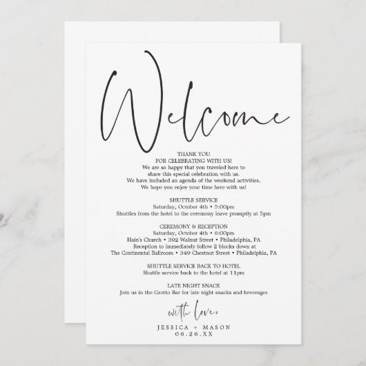 ミニマルな挙式のタイムライン - ウェディングウェルカム プログラム (正面/裏面)