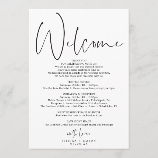 ミニマルな挙式のタイムライン - ウェディングウェルカム プログラム (正面)