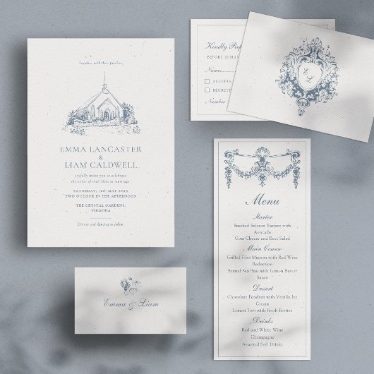 ミニマルな教会の会場を描いた結婚式 招待状