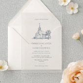 ミニマルな教会の会場を描いた結婚式 招待状