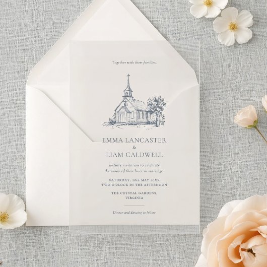 ミニマルな教会の会場を描いた結婚式 招待状