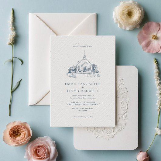 ミニマルな教会の会場を描いた結婚式 招待状