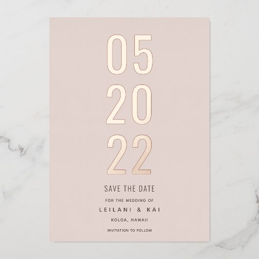 ミニマルな日付を保存ダスティピンク 箔招待状 (正面)