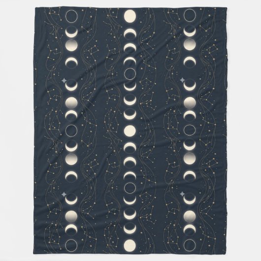 ミニマルな月相パターンと星と夜空 フリースブランケット (正面)