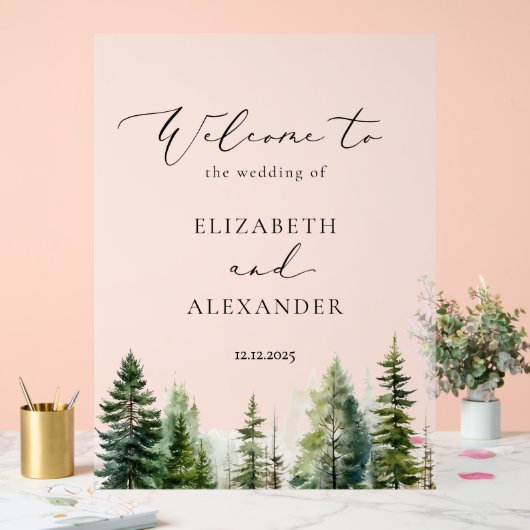 ミニマルな松の木の森結婚の歓迎 アクリルサイン (ウェディング)