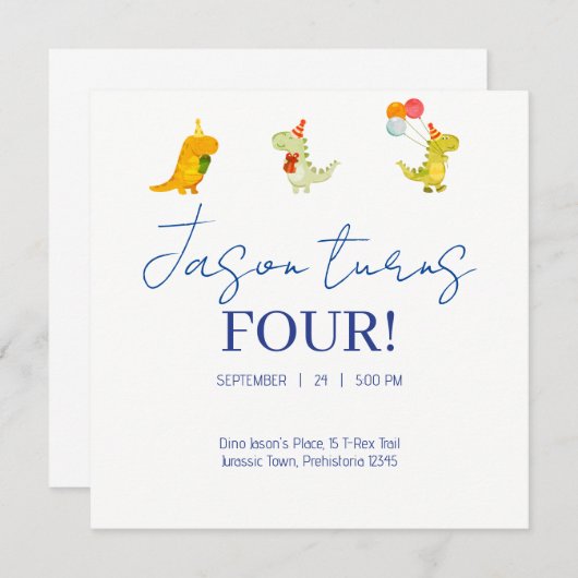 ミニマルな気まぐれな恐竜をテーマにした誕生日 招待状 (正面/裏面)