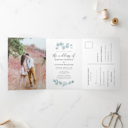 ミニマルな水の色結婚の緑が一つになる 三つ折り招待状 (内部)