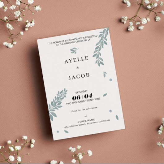 ミニマルな水彩の葉カスタムウェディングゲスト 招待状