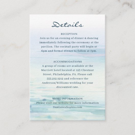ミニマルな水彩画ビーチウェディングの詳細カード エンクロージャーカード (正面)