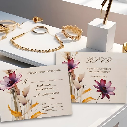 ミニマルな水彩紫色の花結婚の 出欠カード
