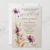 ミニマルな水彩紫色の花結婚の 招待状 (正面)