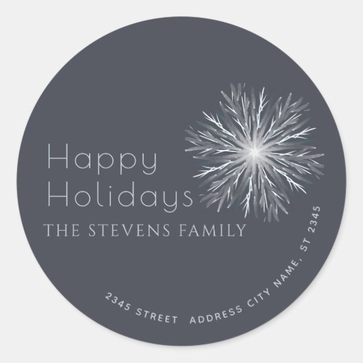 ミニマルな水彩雪の結晶　ハッピーホリデー ラウンドシール (正面)