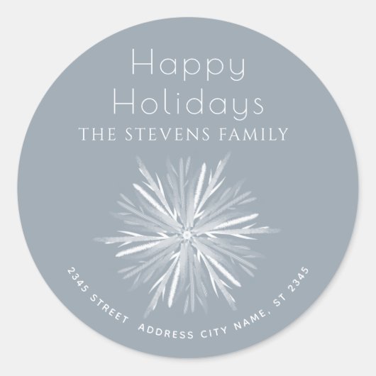 ミニマルな水彩雪の結晶　ハッピーホリデー ラウンドシール (正面)