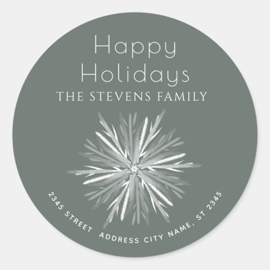 ミニマルな水彩雪の結晶　ハッピーホリデー ラウンドシール (正面)